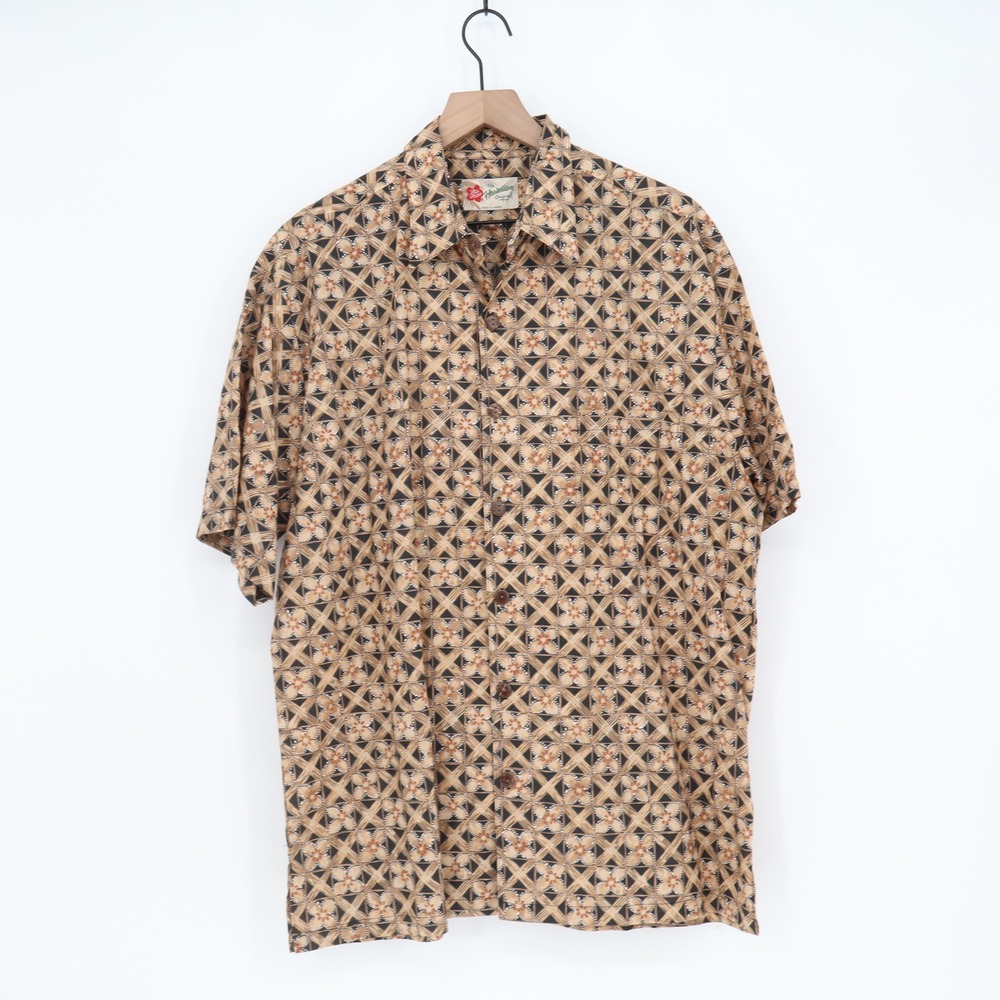 Hilo Hattie Shirt Mens L Brown Geometric Floral Button-Down Excellent